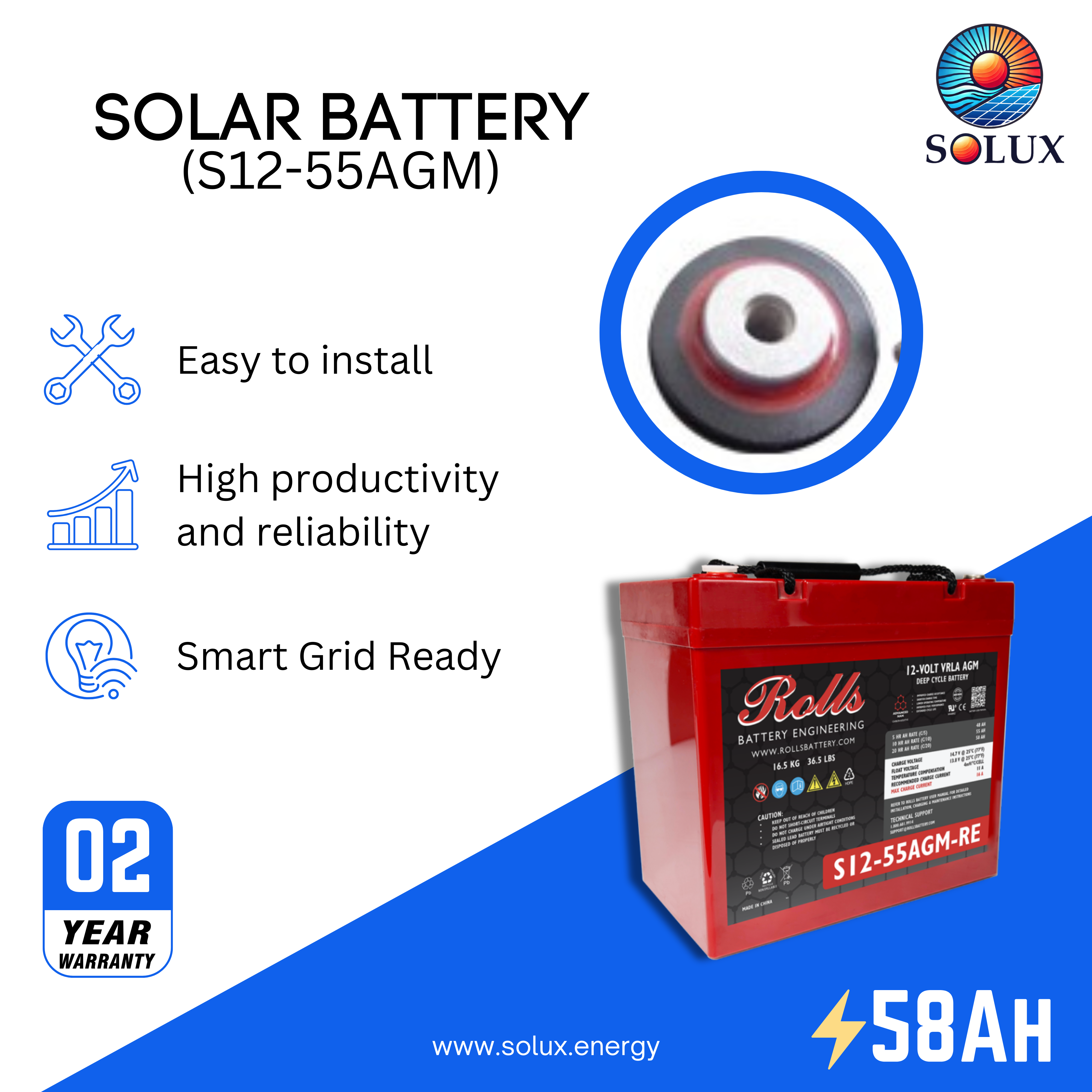 The rolls surrette s12-55agm battery is a reliable and compact deep cycle AGM battery, ideal for smaller solar power systems, wheelchairs, and mobility scooters.